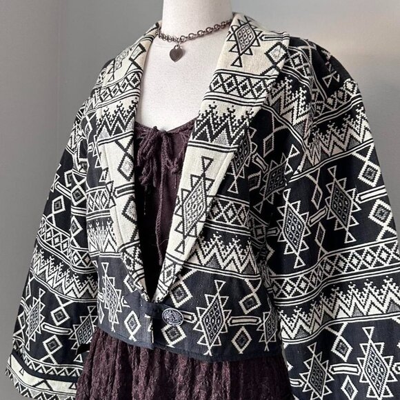 Vintage 100% Cotton Y2K Boho black and white Aztec Jacket - Picture 2 of 7